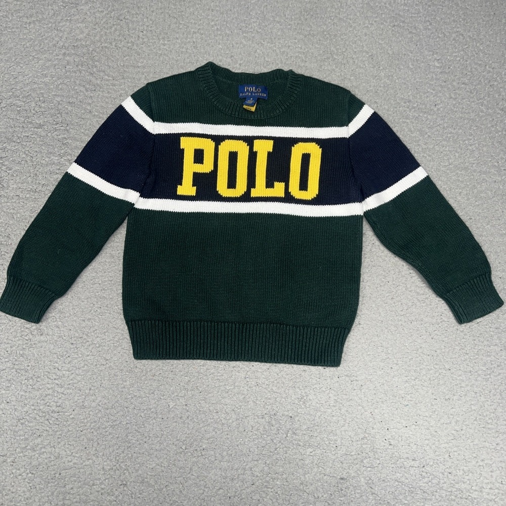 Polo Ralph Lauren Sweater Youth 4T Green Intarsia Logo Knit Yellow Pony Pullover